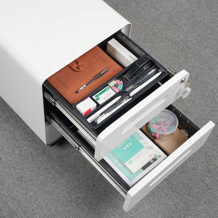Rollcontainer mit 3 Schubladen, Aktenschrank, Abgerundetes Eckendesign, Abschliessbar, 4 Schlüsseln,
