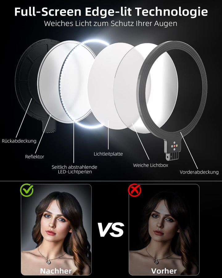 Grosses Ringlicht mit 165cm lichtständer, 6500K professionelles Vollbild-Ringlicht für Selfie, Studi