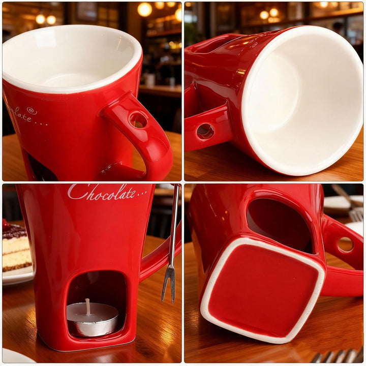 Schokofondue Tasse Keramik 130ML Schoko Fondue Cup mit Teelichthalter und Gabeln Schokoladenfondue S