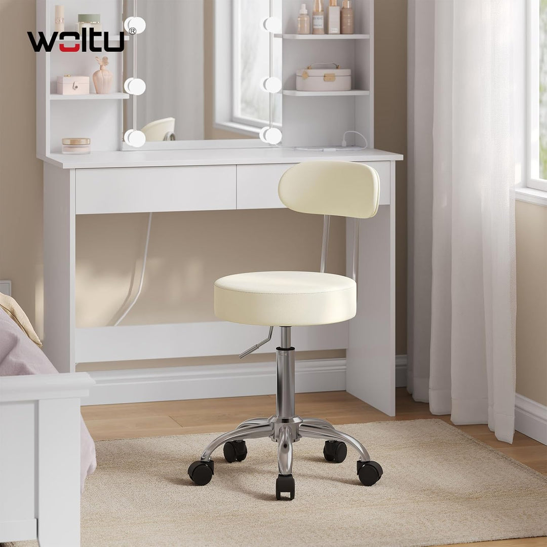 WOLTU Rollhocker Schminkhocker Hocker höhenverstellbar mit Rollen & Lehne Cremeweiss Arbeitshocker 3