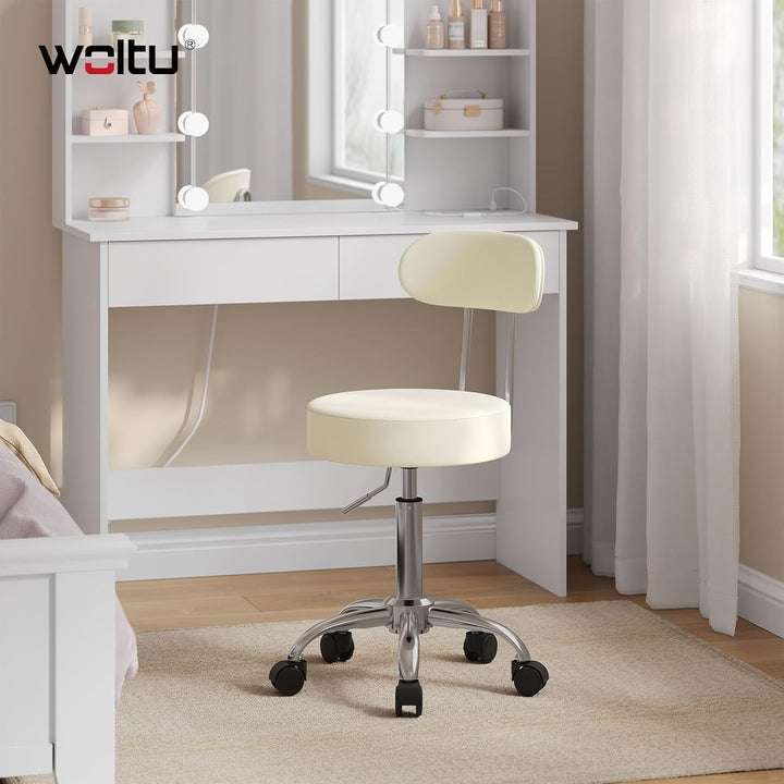 WOLTU Rollhocker Schminkhocker Hocker höhenverstellbar mit Rollen & Lehne Cremeweiss Arbeitshocker 3