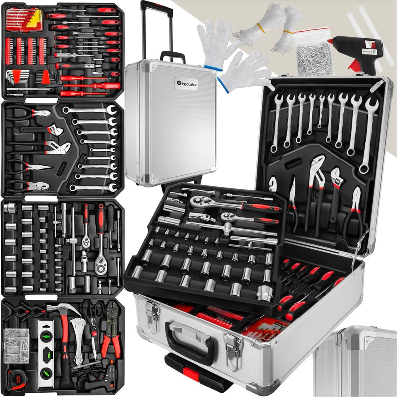 tectake® Werkzeug Set im Aluminium Koffer, Werkzeugkoffer gefüllt, 599-tlg., Tool Werkzeugwagen fahr