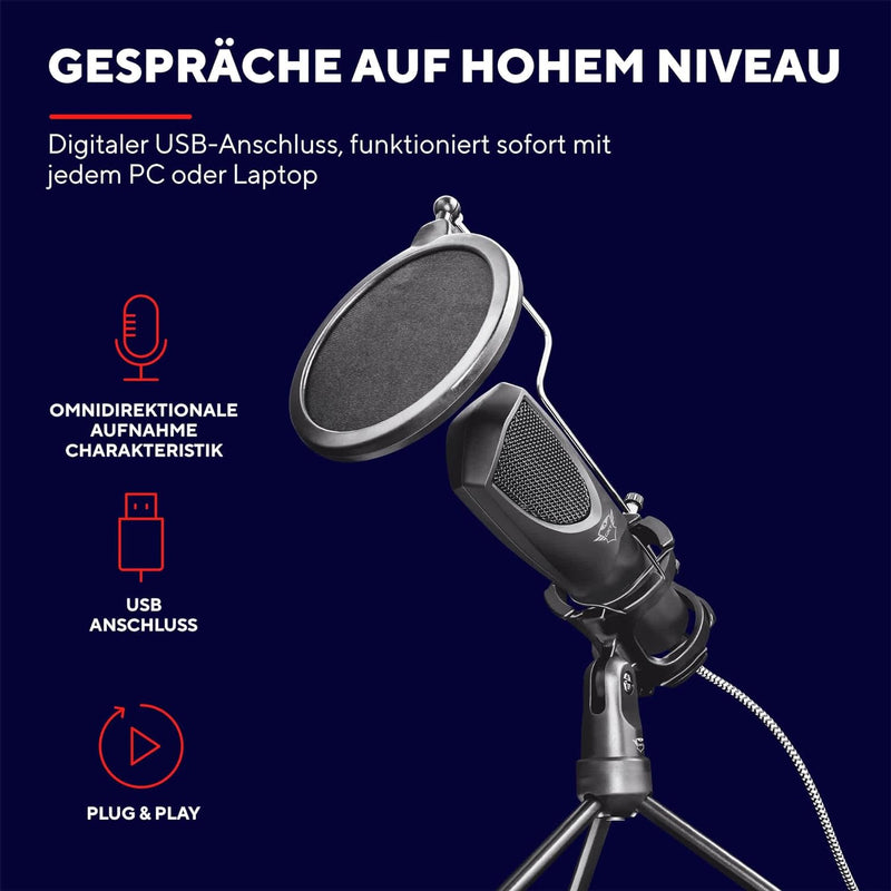 Trust Gaming GXT 232 Mantis USB Mikrofon mit Popfilter und Dreibeinstativ, Microphone für PC, Laptop