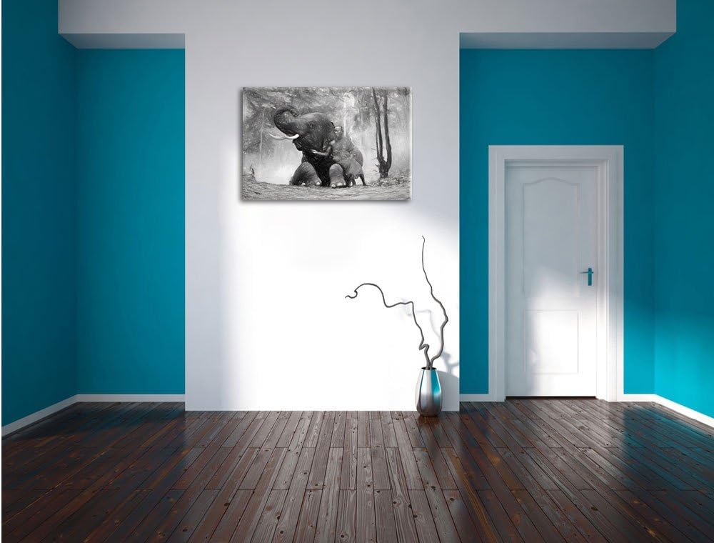 Pixxprint EIN Mönch mit Elefanten im Wald Kunst Kohle Effekt, Format: 100x70 auf Leinwand, XXL riesi