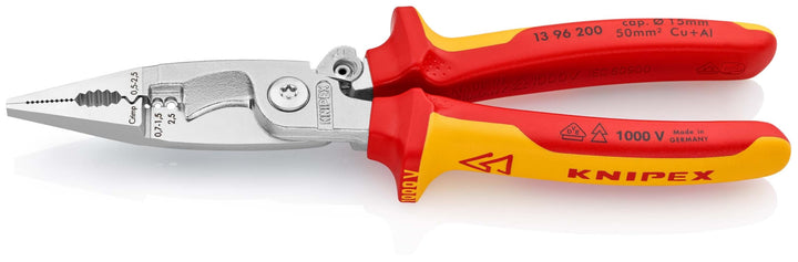 KNIPEX Elektro-Installationszange, VDE, Öffnungsfeder, Kabelschneiden, Abisolieren, Crimpen von Ader