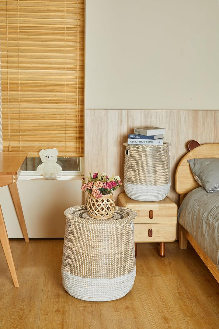 2 Set Wäschekorb mit Deckel und Innere Beutel | 86L+45L | Korb Geflochten aus Seegras | Handgefertig
