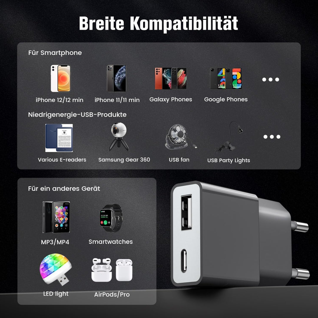 5W USB-Ladegerät ultradünner universeller Ladeadapter (5V 1A) – 2 Ports: USB-C + A (30er Pack) für i