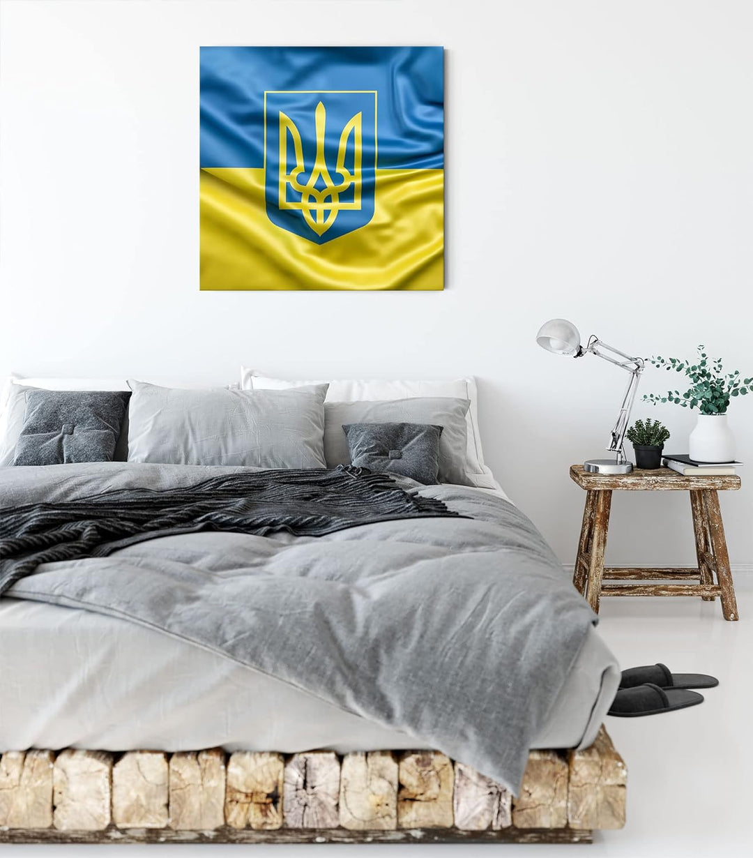 Pixxprint Ukraine Flagge mit Wappen als Leinwandbild Quadratisch| Grösse: 60x60 cm | Wandbild | Kuns