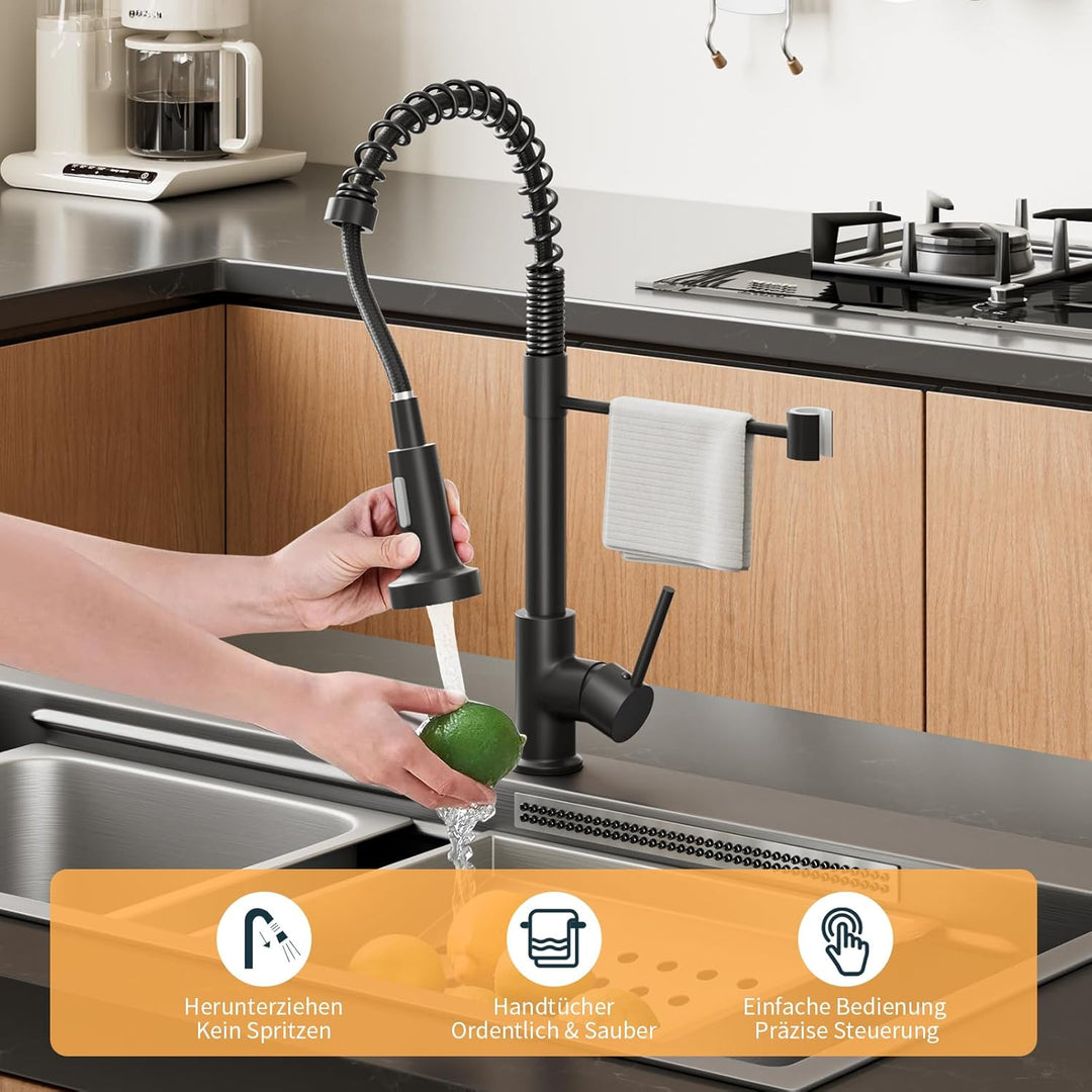 BESy Küchenarmatur Wasserhahn Schwarz Matt, Ausziehbar mit 2 Funktionen, Hochdruck Mischbatterie aus