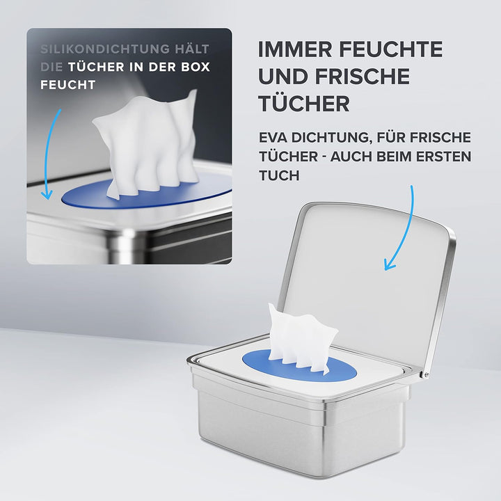 ovimar Feuchttücher Box mit Deckel Egense | in edlem Silber poliertem Edelstahl | ohne Bohren | Dami