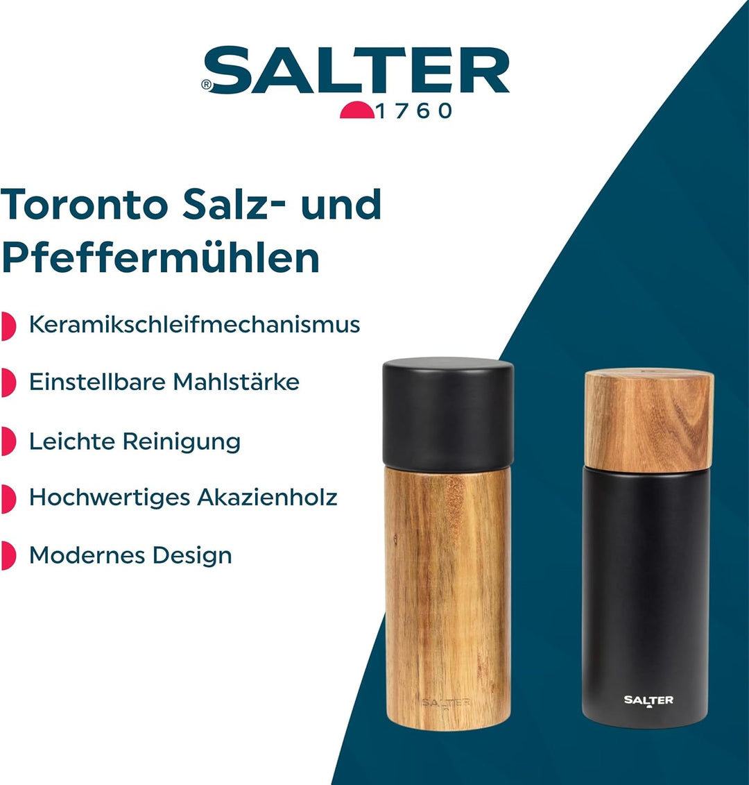 Salter BW12068EU7 Toronto Salz- und Pfeffermühlen-Set – Gewürzmühle aus Holz für Salz- und ganze Pfe