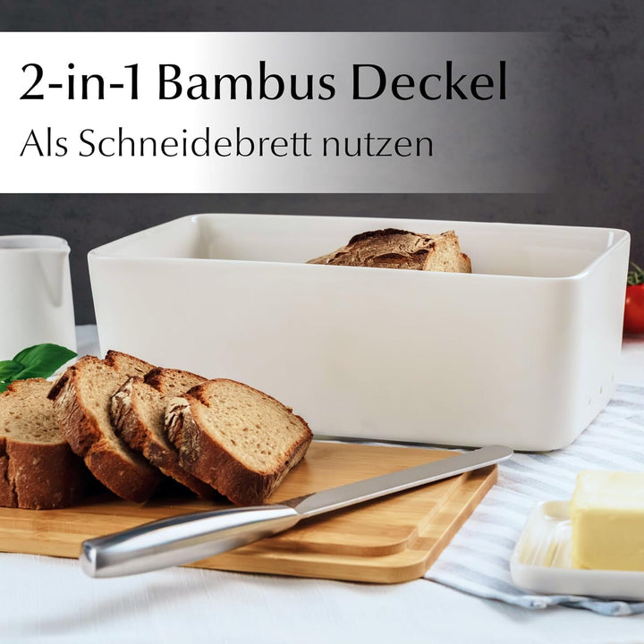 MIAMIO – Brotkasten mit Bambusdeckel/Brotkasten Keramik, Brotbox mit Holzdeckel verwendbar als Schne