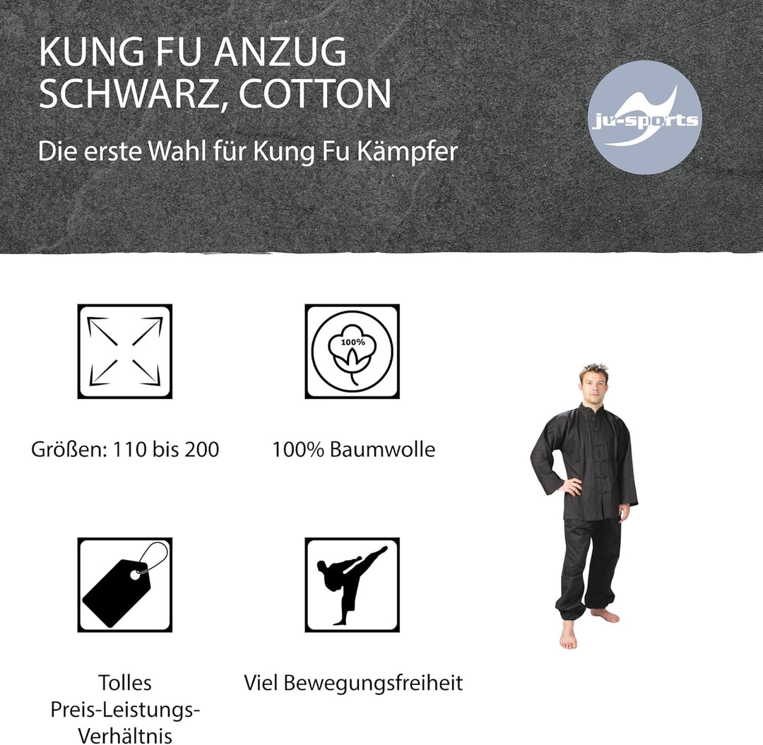 Ju-Sports Kung Fu Anzug schwarz - Solider Kampfsport Anzug im klassischen Schnitt mit Kordelknöpfen