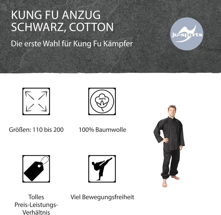 Ju-Sports Kung Fu Anzug schwarz - Solider Kampfsport Anzug im klassischen Schnitt mit Kordelknöpfen