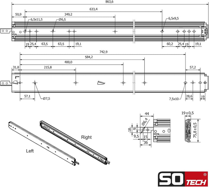 1 Paar SOTECH Schwerlastauszüge VarioSlide KV2-200-H76-L850-EH 863,6 mm mit Lock-in/out Einrastfunkt