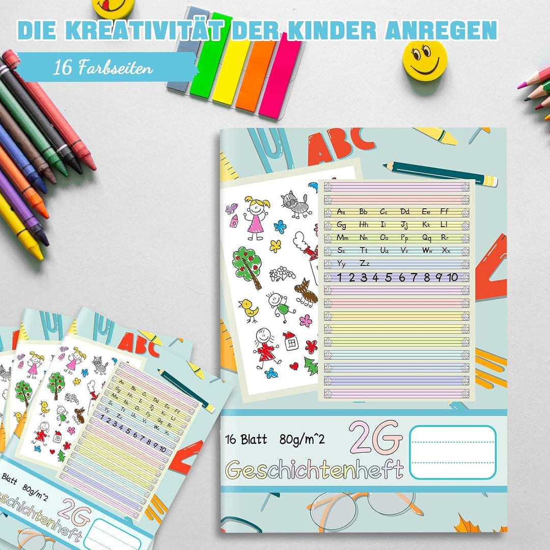 jiawaggag 10 StückGeschichtenheft 2. Klasse Din A4 2G Schreibheft Lineatur 2 Farbig Liniert für Schr