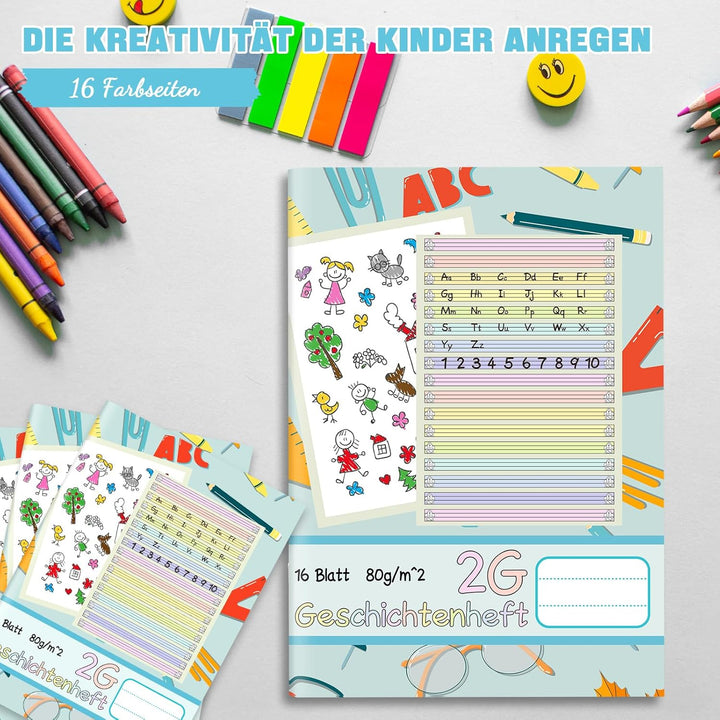 jiawaggag 10 StückGeschichtenheft 2. Klasse Din A4 2G Schreibheft Lineatur 2 Farbig Liniert für Schr