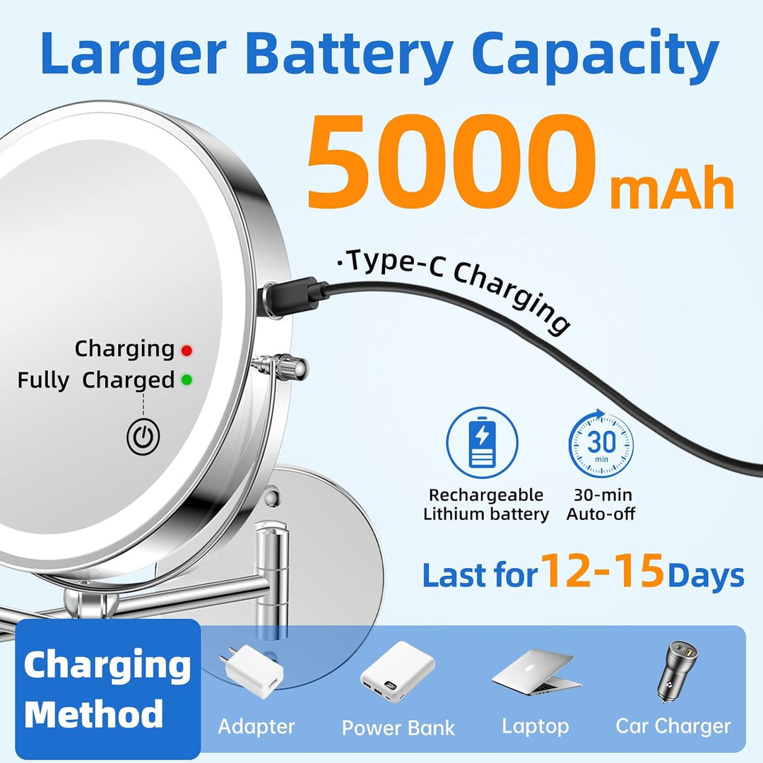 FUNTOUCH 5000mAh Wiederaufladbar Kosmetikspiegel mit 1X/ 20X Vergrösserung, Dimmbarer Rasierspiegel