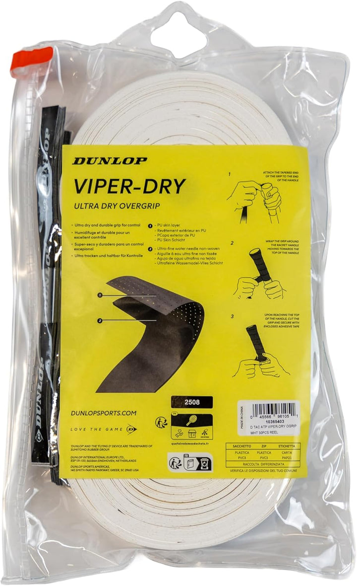 Dunlop Viper Dry Griffband – Offizielles Tennis Overgrip der ATP Tour 30er-Rolle Weiss, 30er-Rolle W