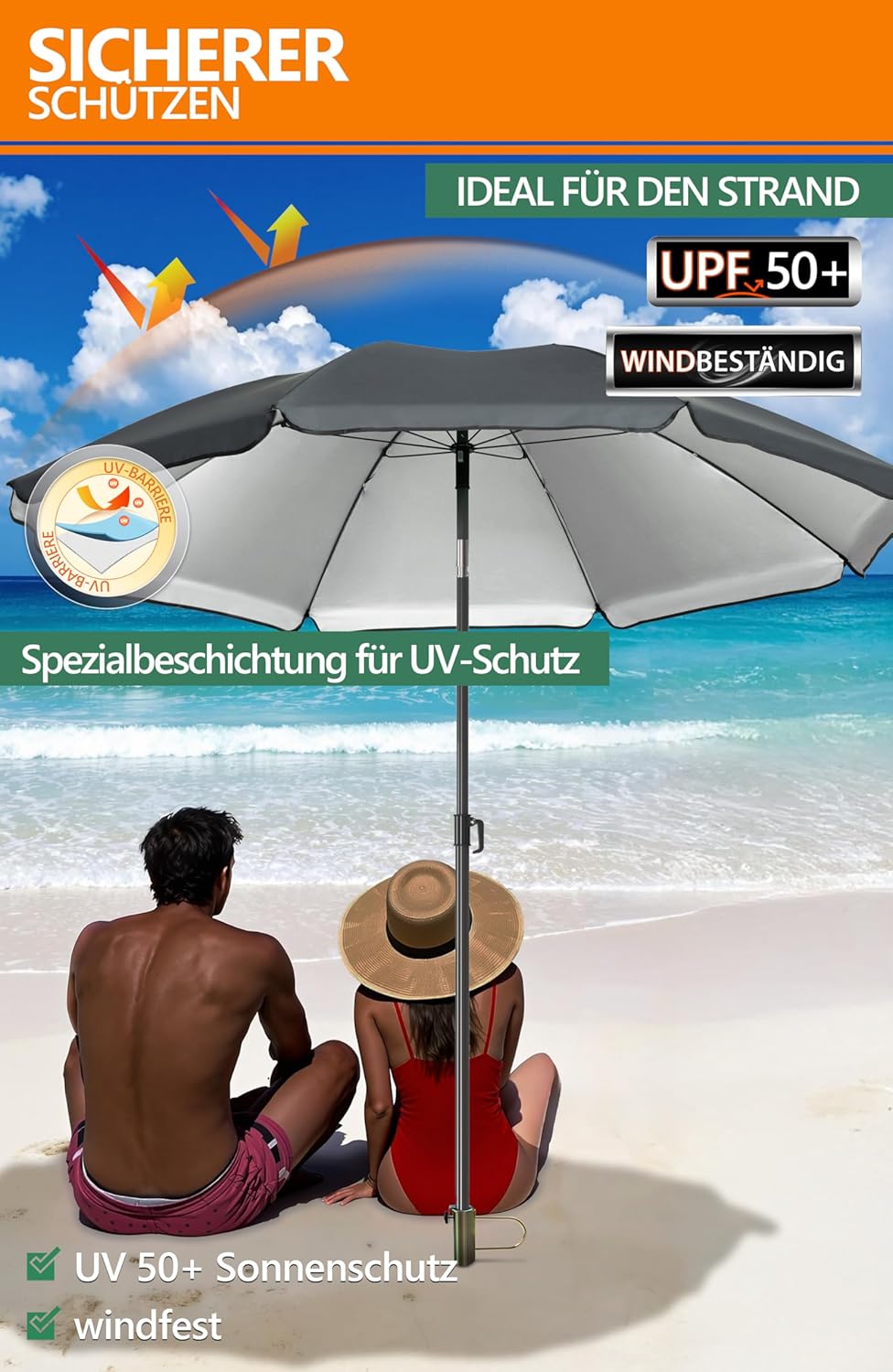 4smile SunnyJoy 3-IN-1 Set mit Sonnenschirm Strand in Anthrazit - Strandschirm windfest stabil 180 c