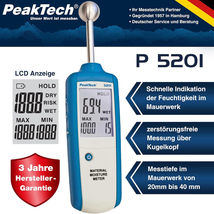 PeakTech 5201 - Profi-Feuchtemessgerät, Indikator für alle Baustoffe, Holz, Wand, Putz, Gips, Mauerw