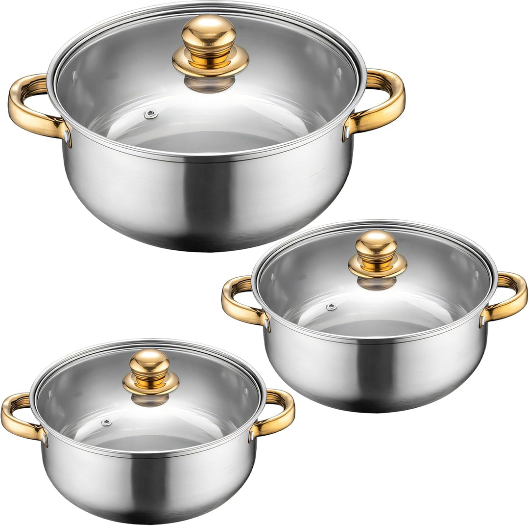 Retoo Topfset 12-teilig Edelstahl Kochtopfset mit Glasdeckel und goldenen Griffen, Grosses Cooking P