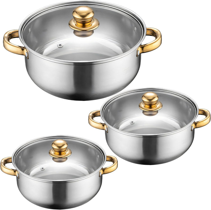 Retoo Topfset 12-teilig Edelstahl Kochtopfset mit Glasdeckel und goldenen Griffen, Grosses Cooking P