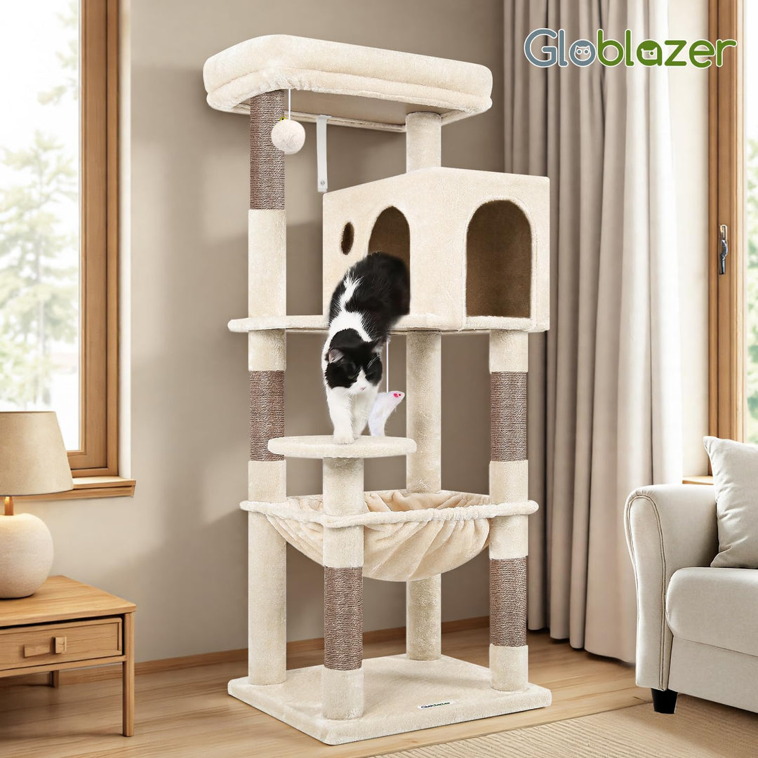 Globlazer Kratzbaum Beige mit Extragrosse Hängematte 45 * 40cm, Grosse Katzenhaus, Gepolsterte Platt