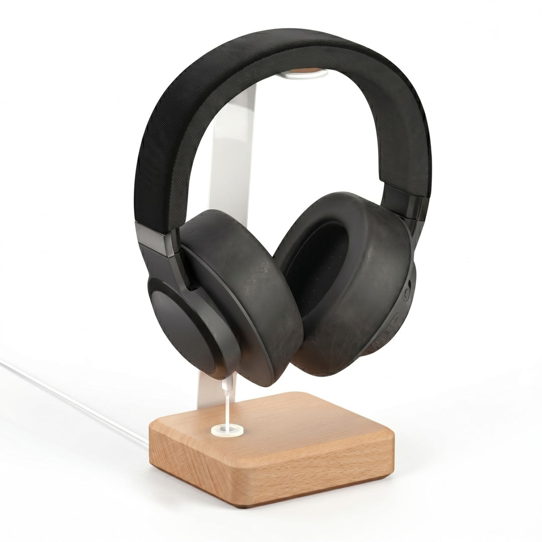 Headset Halterung aus Buchenholz – Kopfhörer Halterung mit schwerem Stahlblech & Lederauflage – Kopf