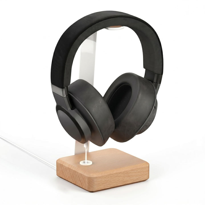 Headset Halterung aus Buchenholz – Kopfhörer Halterung mit schwerem Stahlblech & Lederauflage – Kopf