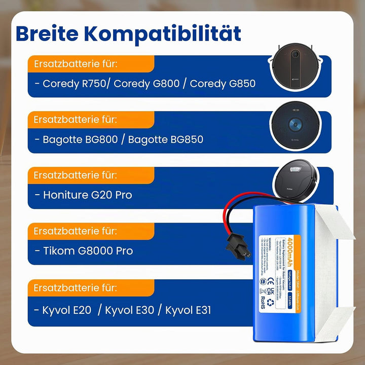 4000mAh 14,4V Akku für Honiture G20 Pro, Eufy Robovac L35 LR30 LR20 Hybrid, CMICR18650F9M-4S1P, für