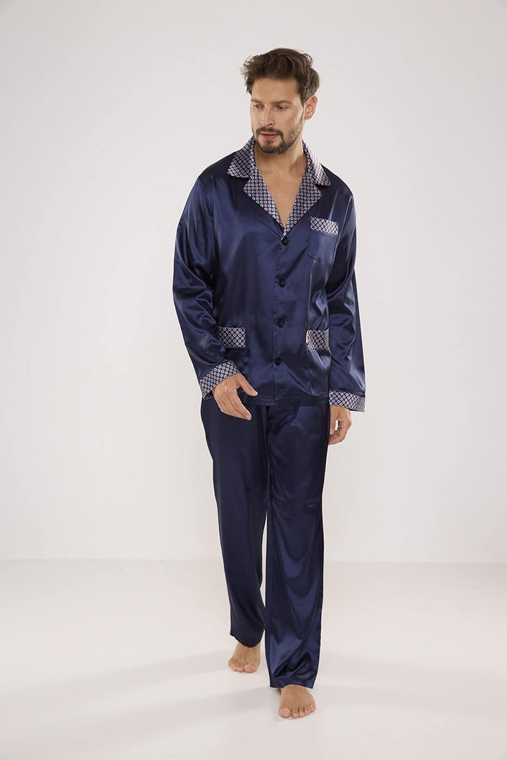 edler und hochwertiger Satin-Pyjama Herren-Schlafanzug Hausanzug, M Marine