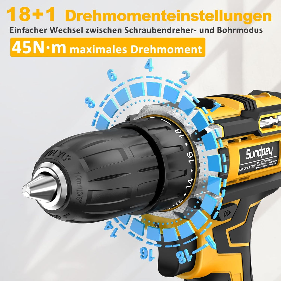 Sundpey Akkuschrauber Set mit 2 Akkus 2,0Ah, 21V Akkubohrer und Schrauber mit 18+1 Drehmomentstufen,