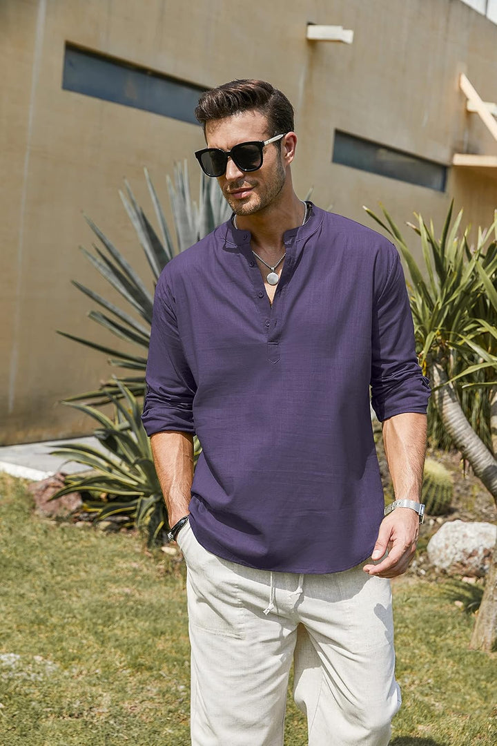 COOFANDY Men's Linen Henley Shirt Cotton Summer Long Sleeve Hippie Casual Beach T Shirts Lang S Viol