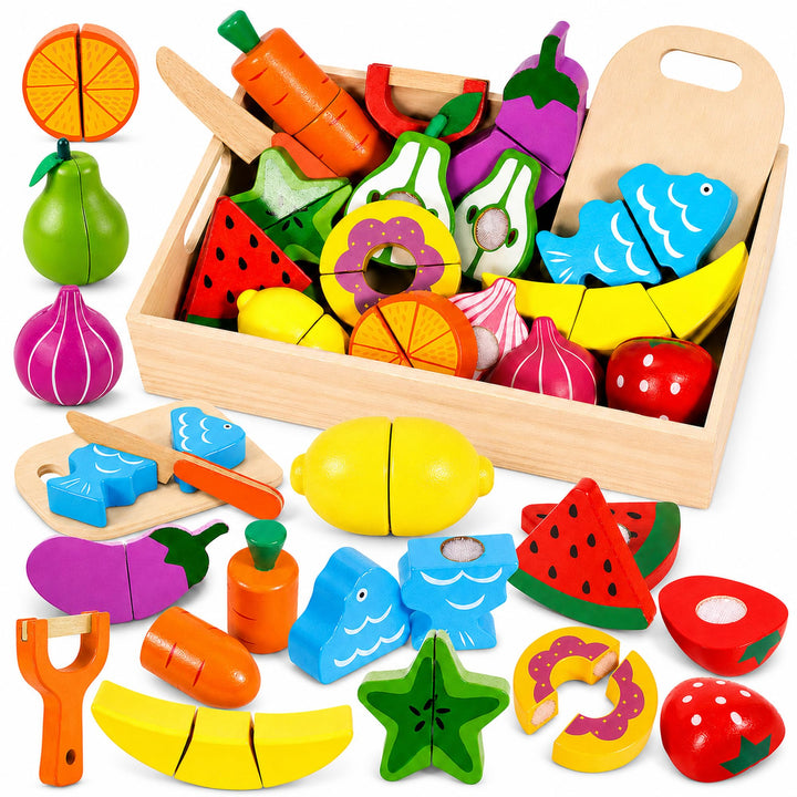 Kinder Holzspielzeug Küche – Schneideset mit Obst und Gemüse zum Zerschneiden, inkl. Schäler/Holzmes