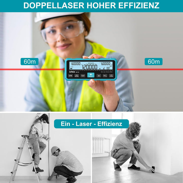 Kiprim 120m Dual Laser Entfernungsmesser DR120 mit Bidirektionaler Laserausstrahlung, Vertikaler Las