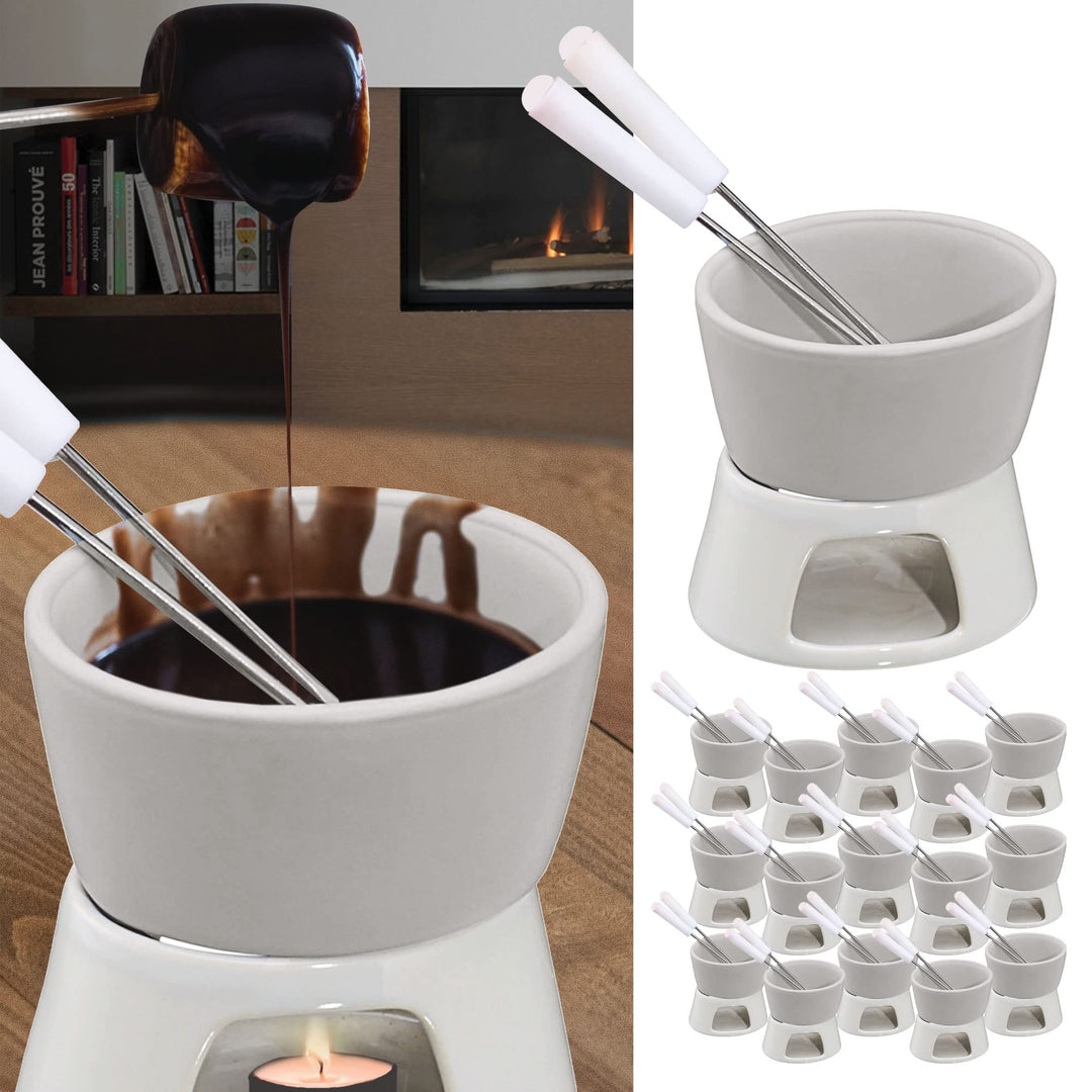 Cepewa 16 x Keramik Schokofondue Set Fondue-Set Schokolandenfondue weiss inkl. 2 Edelstahlgabeln (16
