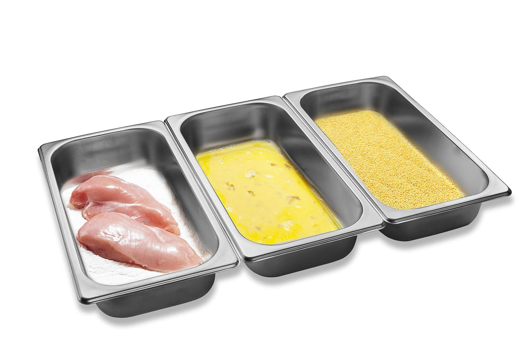 Panier-Set aus Edelstahl 3-teilig - 3x Schale zum Panieren 32,5 x 17,5 x 6,5 cm - Schnitzel Fleisch