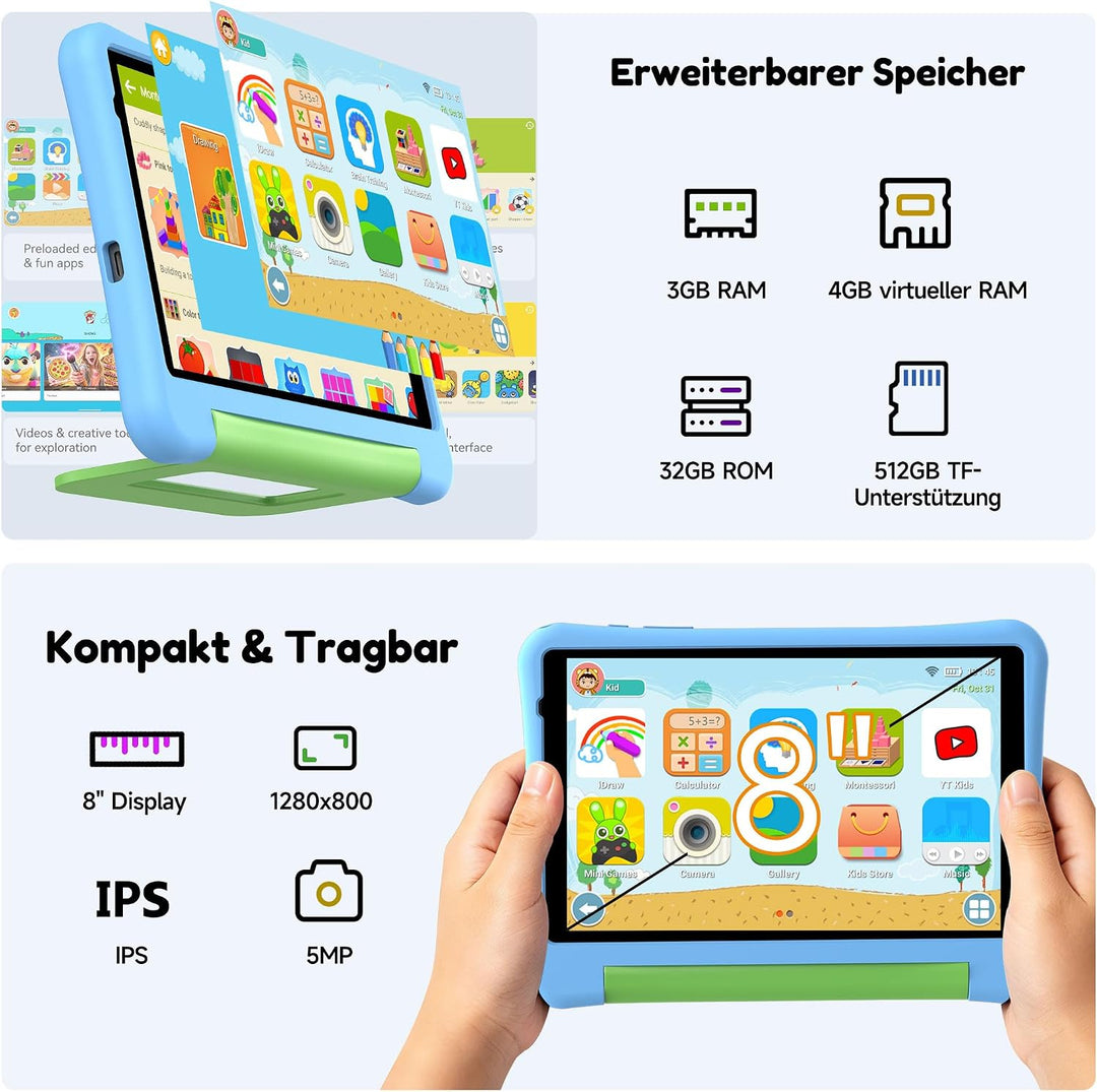 ALLDOCUBE KIDO 8 Zoll Kinder Tablet, Android 15 Go, 32GB ROM, 5000mAh, Blau | 3GB RAM, zwei Lautspre