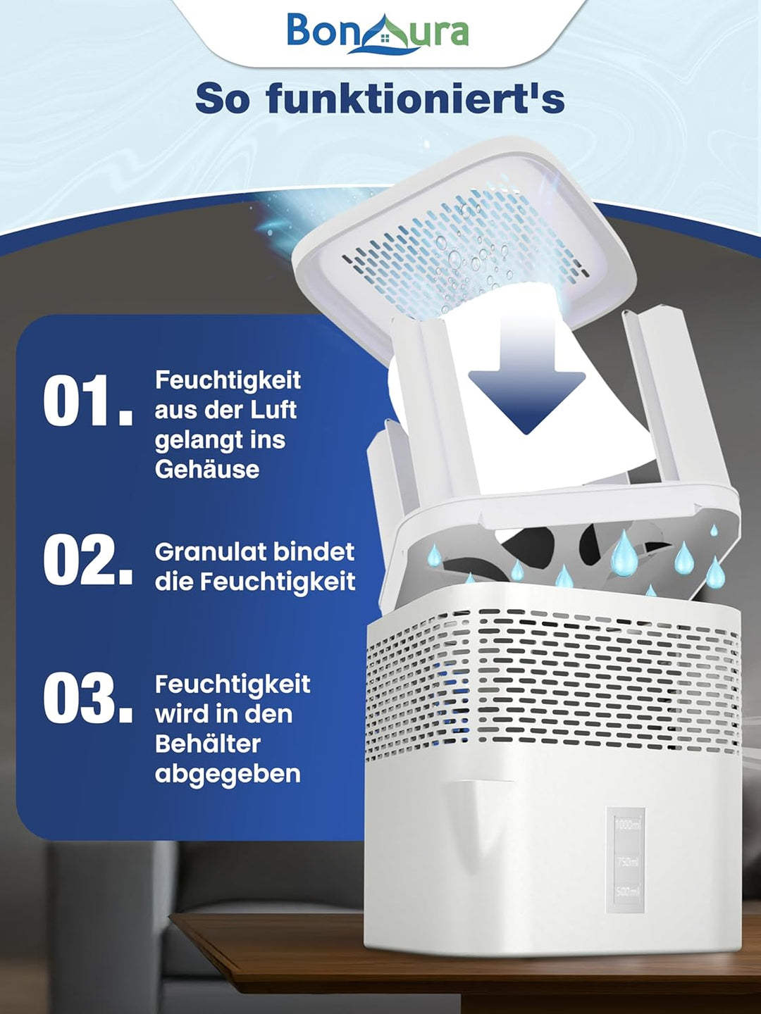 BonAura® Luftentfeuchter ohne Strom - Raumentfeuchter für Keller, Bad uvm. - 450g Luftenfeuchter Nac