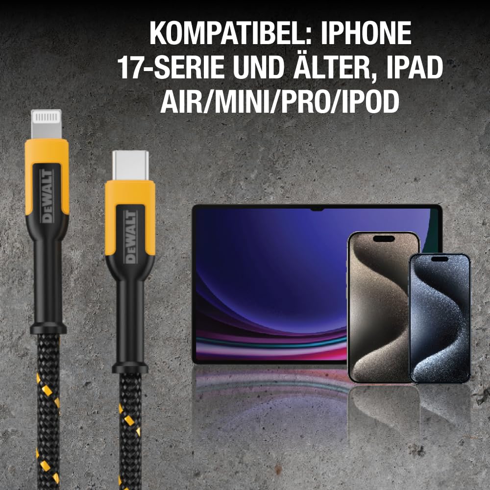 DEWALT Lightning-auf-USB-Kabel – verstärktes geflochtenes Kabel für Lightning – Ladekabel kompatibel