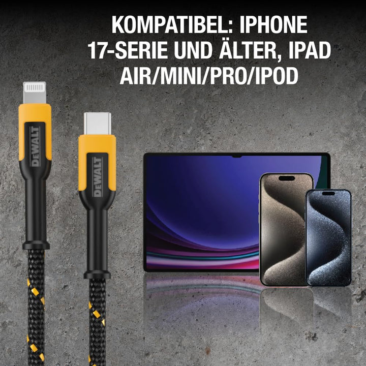 DEWALT Lightning-auf-USB-Kabel – verstärktes geflochtenes Kabel für Lightning – Ladekabel kompatibel
