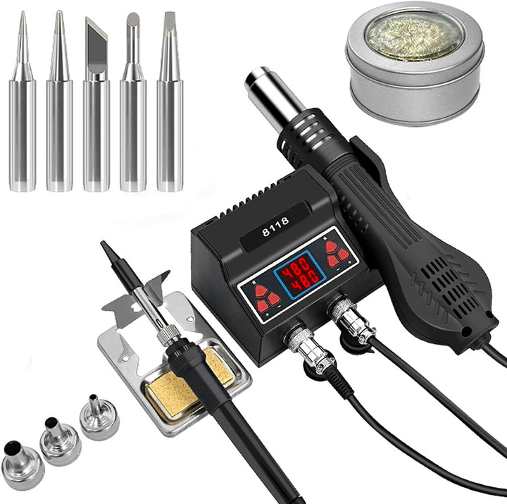 2 in 1 Heissluft Lötstation, 700W Lötstation mit 5 zusätzlichen Lötspitzen und 3 Heissluftdüsen, Hei