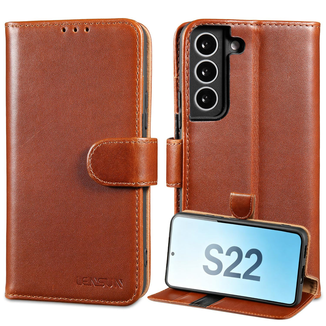 LENSUN Echtleder Hülle für Samsung Galaxy S22, Handyhülle [Echtes Leder] [Kickstand] [RFID Schutz] L