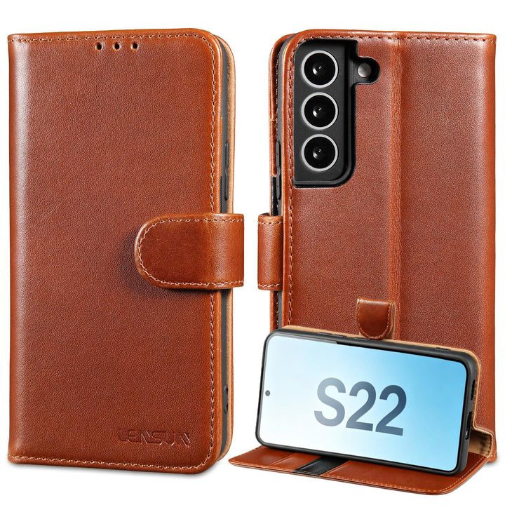 LENSUN Echtleder Hülle für Samsung Galaxy S22, Handyhülle [Echtes Leder] [Kickstand] [RFID Schutz] L