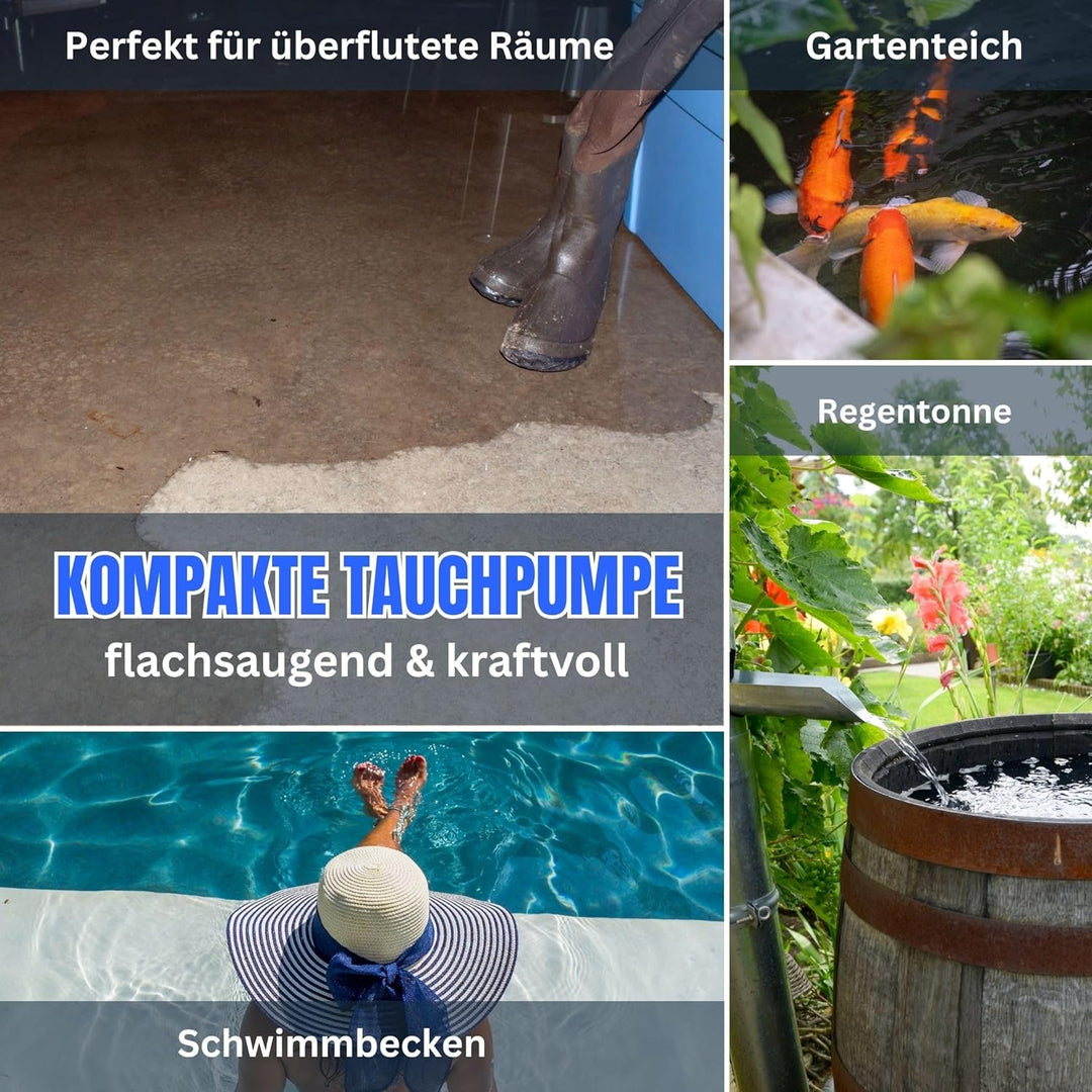 Tauchpumpe flachsaugend bis 1mm 250 Watt Flachsaugpumpe mit integriertem Schwimmer und Überhitzungss