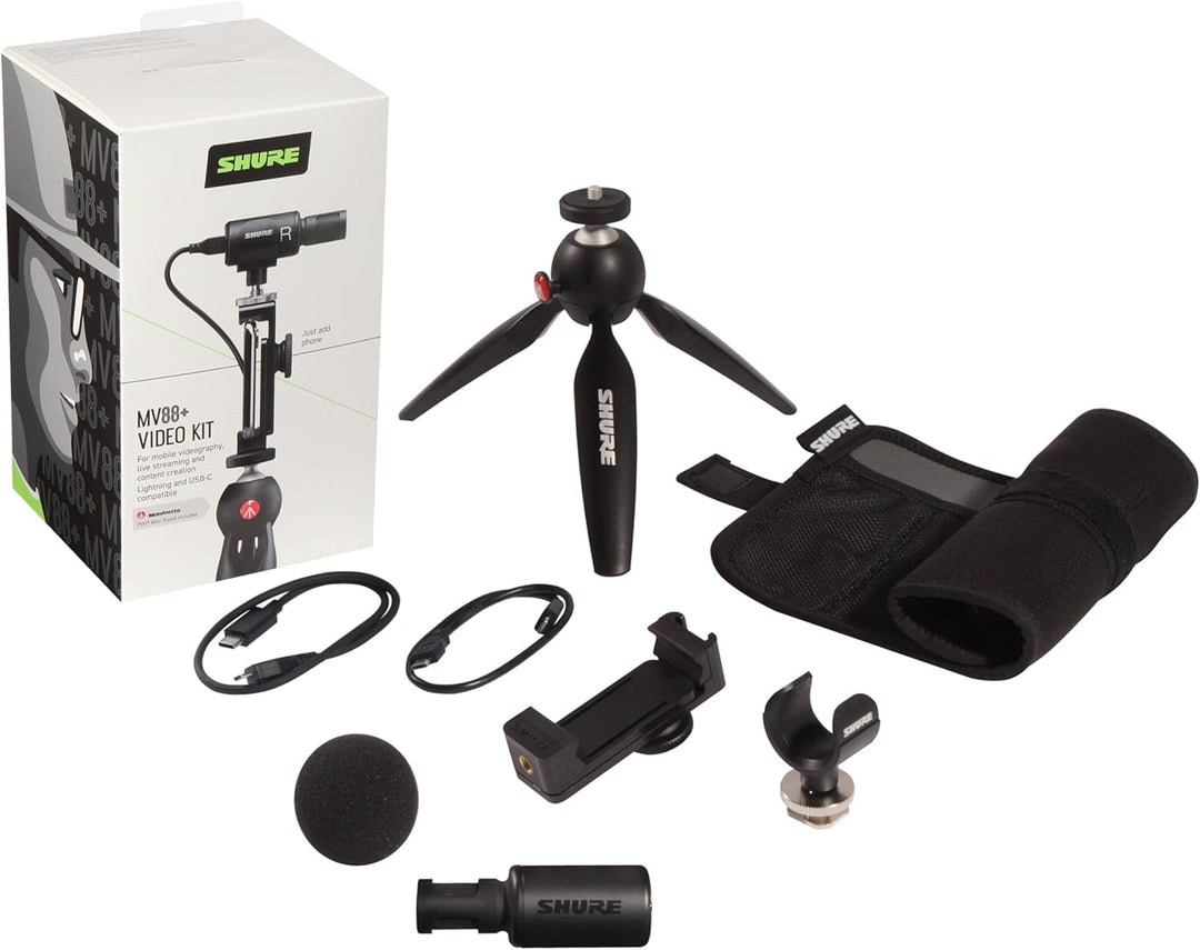 Shure MV88+ Video Kit mit digitalem Stereo-Kondensatormikrofon für Apple und Android, Schwarz & AMV8