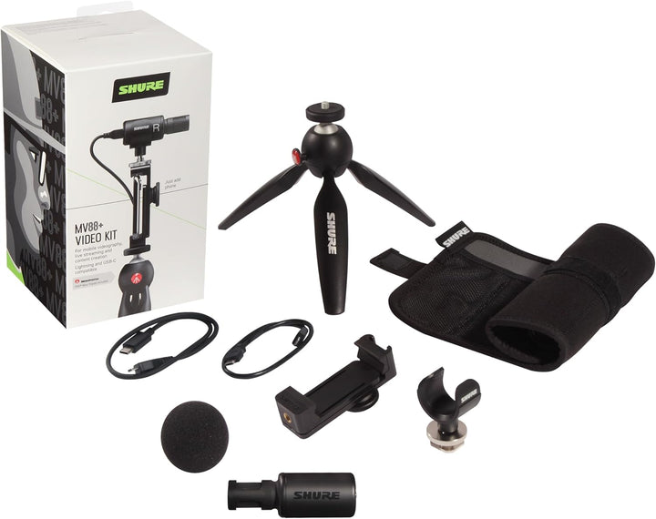 Shure MV88+ Video Kit mit digitalem Stereo-Kondensatormikrofon für Apple und Android, Schwarz & AMV8
