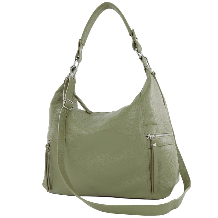 modamoda de - T229 - ital Schultertasche Shopper aus Leder Olivgrün, Olivgrün