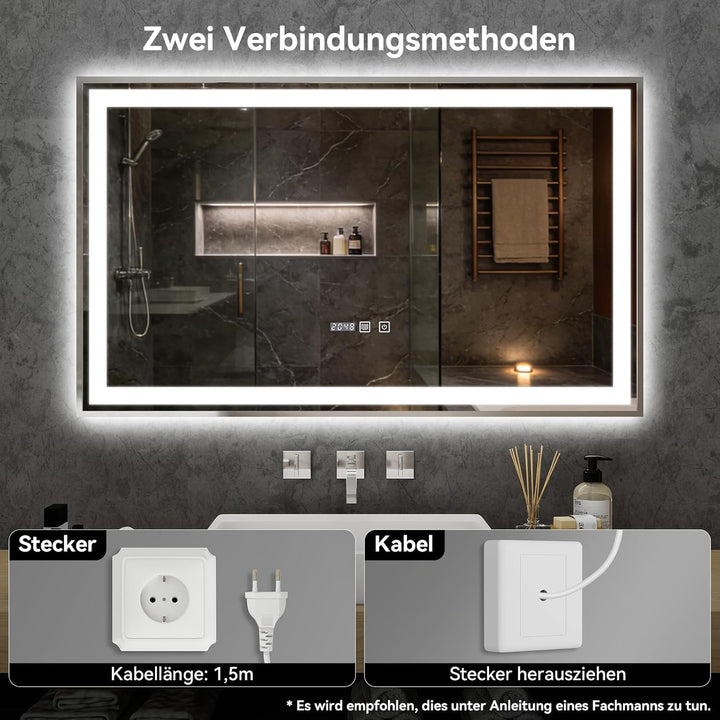 YU YUSING Badspiegel mit Beleuchtung 100x60cm Badezimmerspiegel mit Beschlagfrei 3 Lichtfarbe Dimmba